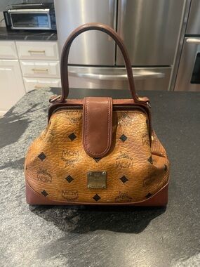 MCM Cognac Logo Leather Small Meredith Top-Handle Satchel